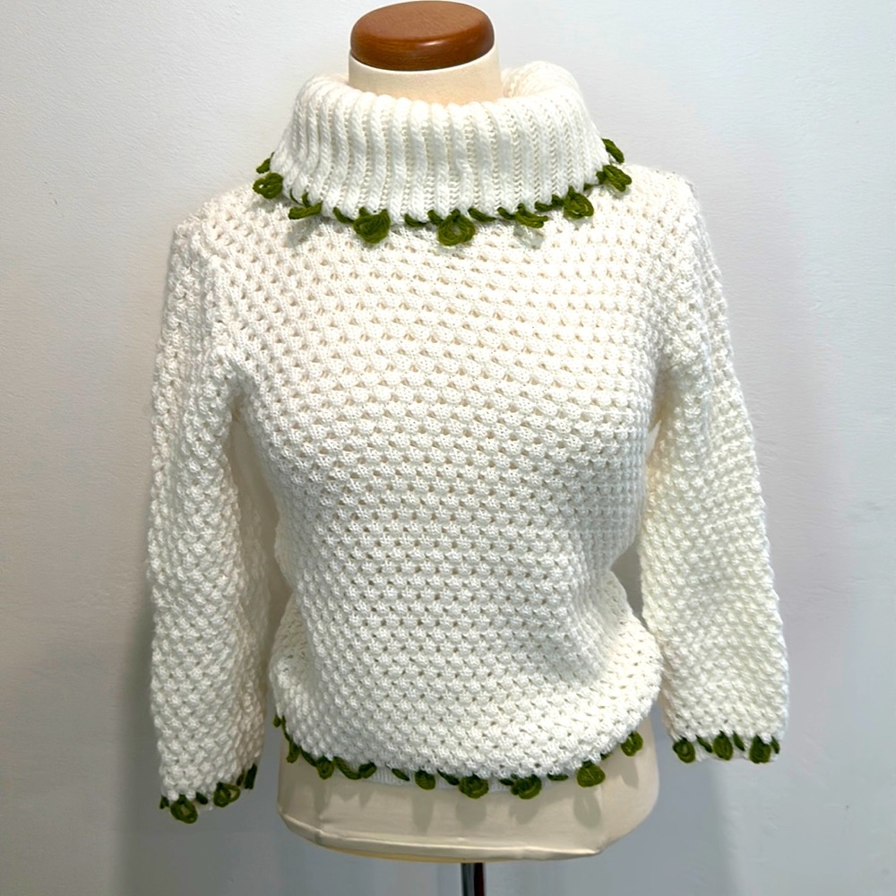 Vintage sweater by Pela, white with green accents